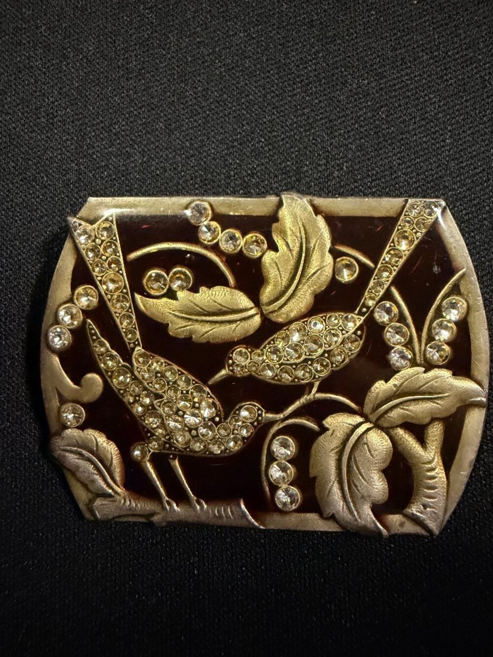 Vintage Rhinestone Bird Brooch Gold Tone Red Enamel Figural Pin
